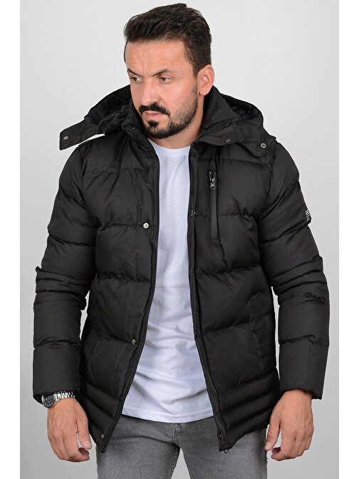 Erkek İçi Polarlı Slim Fit Kapüşonlu Şişme Mont Siyah Edw010