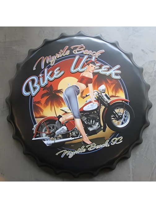 CajuArt Retro 35 cm Kapak Şeklinde Motosiklet Tema Metal Tablo Dekor