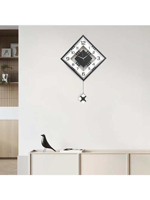 Dörtgen Geometrik Tasarım 50 cm Modern Ahşap Sarkaçlı Duvar Saati Siyah Beyaz