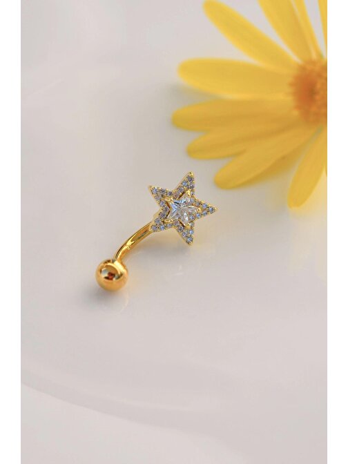 Yıldız Model Göbek Piercingi Yıldızlı Çelik Gold