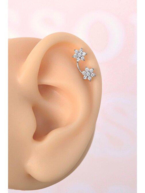 İki Çiçekli Helix Piercing Kıkırdak Lob Gümüş Renk