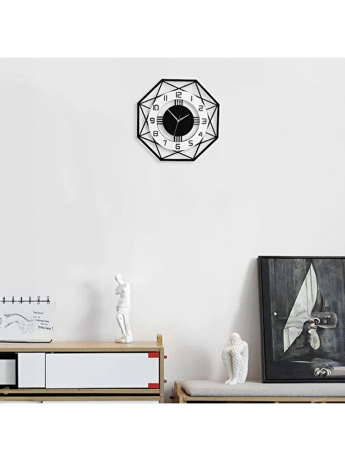 CajuArt Sekizgen Geometrik Ahşap Tasarım 40 cm Modern Duvar Saati Siyah Beyaz