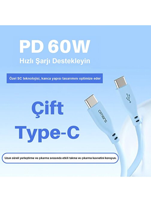 Omars Type-C to Type-C Silikon PD Hızlı Şarj Kablosu Mavi