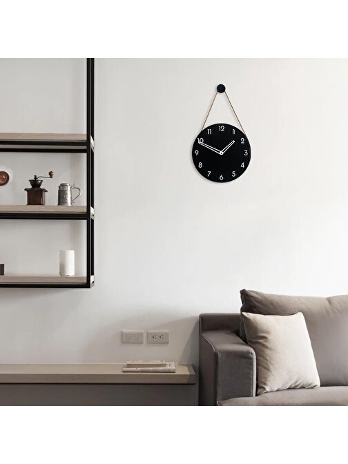 CajuArt Kalın Siyah Ahşap Halatlı Tasarım Modern Duvar Saati MD5 Rakam