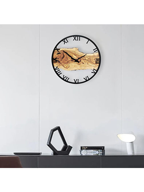 Roma Rakamlı Ağaç Dilimi Kütük Şeklinde Yuvarlak Duvar Saati MD2 40 cm Dekoratif Tasarım Saat