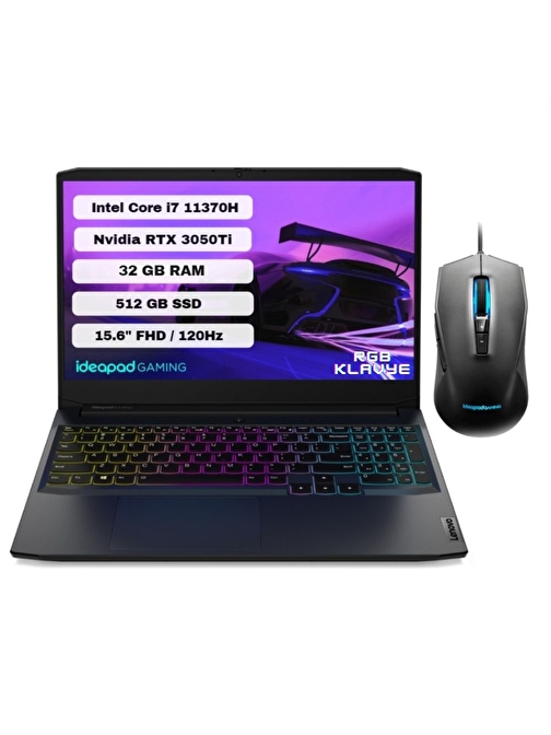 Lenovo Ideapad Gaming 3 15IHU6 Intel Core i7 11370H 32GB 512GB SSD Rtx 3050Ti Freedos 15.6" FHD Taşınabilir Bilgisayar 82K101J9TX32