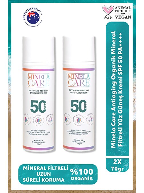 Minelacare Antiaging 100% Organik Mineral Filtreli Yüksek Korumalı Yüz Güneş Kremi Spf50 2X70Gr