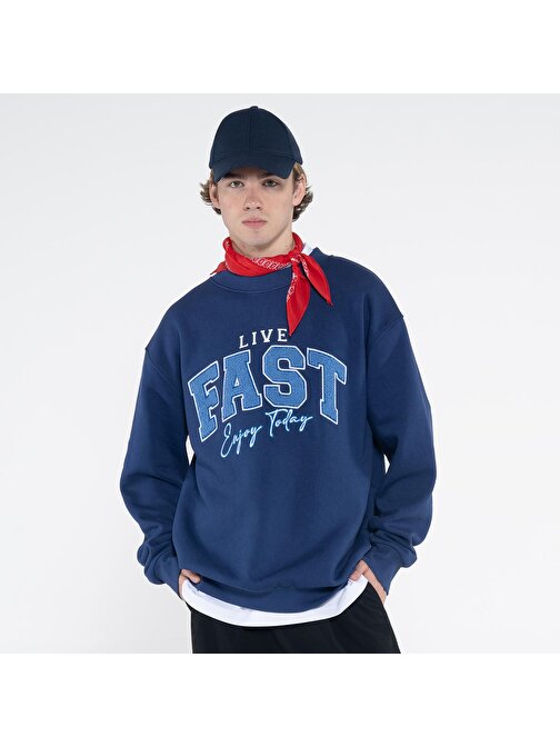 Fast Erkek Lacivert Bisiklet Yaka Ekstra Oversize Sweatshirt - Şardonlu 3 İplik | M