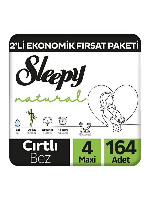 Sleepy Natural 2'li Ekonomik Fırsat Paketi 4 Numara Maxi Bebek Bezi 164 Adet