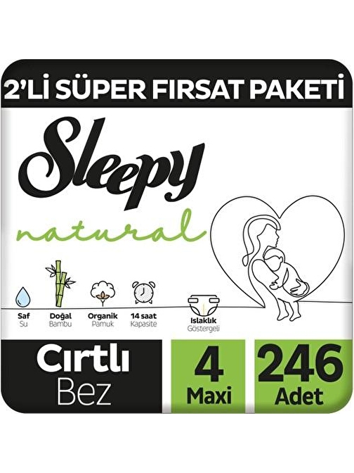 Sleepy Natural 2'li Süper Fırsat Paketi Bebek Bezi 4 Numara Maxi 246 Adet