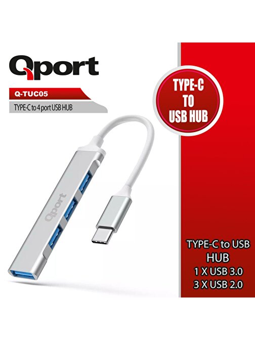 QPORT Q-TUC05 USB Type-C=> 4 PORT USB ÇOKLAYICI (Giriş: USB Tip-C => Çıkış : USB3.0 + 3xUSB2.0)