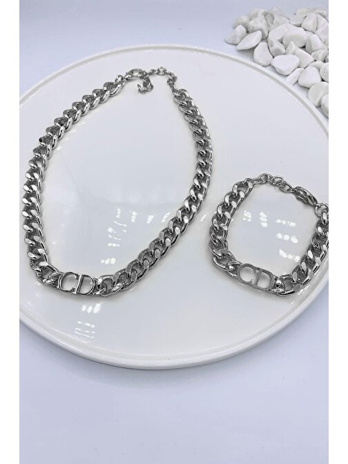 Gümüş Renk Kombin  Cd Harfli Christian Dior Model Kalın Zincir Kolye Bileklik Set  - 3009