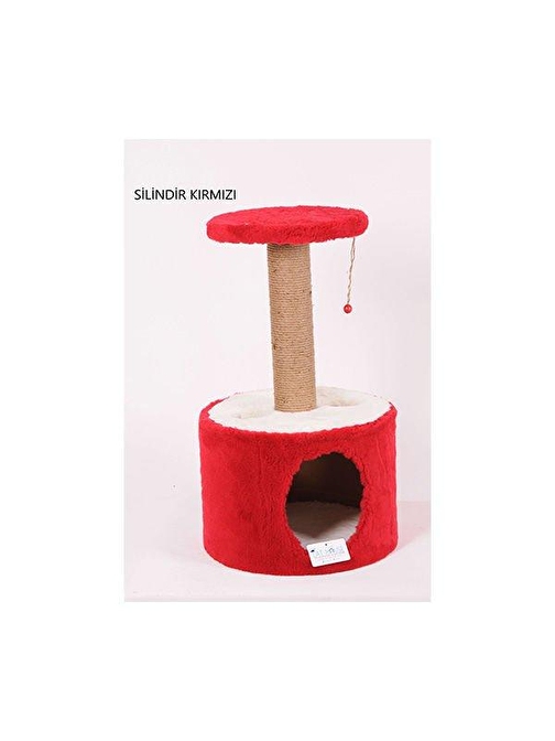 Cat Hause Y02 Silindir Yuvalı ve Tablalı Kedi Tırmalama Evi Kırmızı 72 Cm