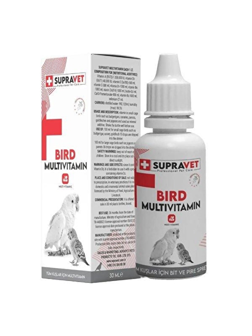 Supravet Plus Kanarya Papağan Güvercin ve Muhabbet Kuşları için Multivitamin Damla 30 Ml