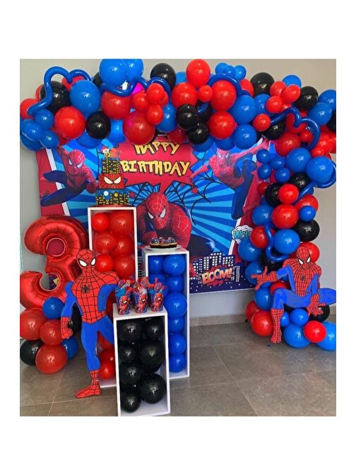 Pazariz Pazariz 80 Adet Kirmizi Siyah Lacivert Balon+5Metre Zincir Örümcek Adam Spiderman