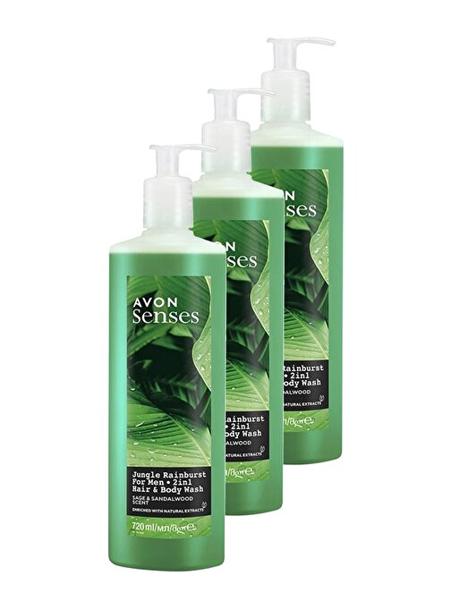 Avon Senses Jungle Rainburst Adaçayı ve Sandal Ağacı Kokulu Erkek Saç ve Vücut Şampuanı 720 Ml. Üçlü Set