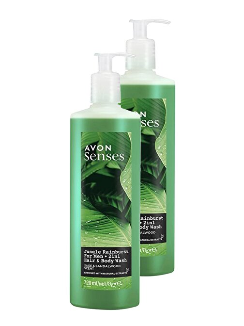 Avon Senses Jungle Rainburst Adaçayı ve Sandal Ağacı Kokulu Erkek Saç ve Vücut Şampuanı 720 Ml. İkili Set