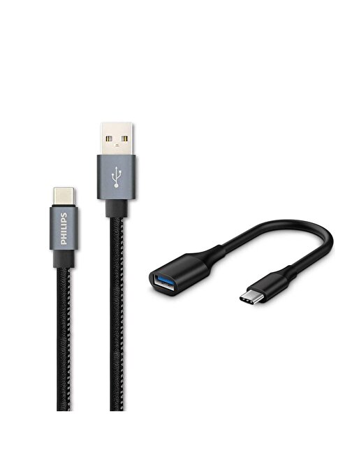 Philips 3A 60W UsbA to Type-C Deri Kaplama Hızlı Şarj ve Data Kablosu Siyah + ScHitec Type-C to UsbA 3.0 OTG Dönüştürücü Adaptör