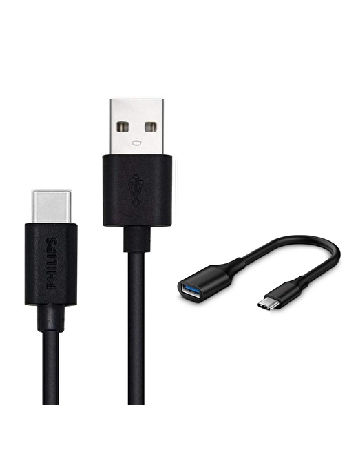 Philips UsbA to Type-C 5A 45W Hızlı Şarj ve Data Kablosu 1.2m Siyah + ScHitec Type-C to UsbA 3.0 OTG Dönüştürücü Adaptör