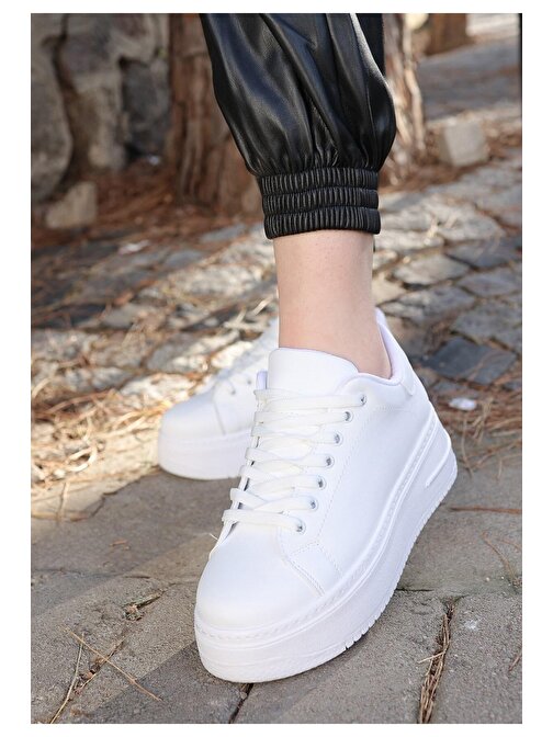 Tomiross-Carol Beyaz Beyaz Kadın Poli Taban Bağcıklı Spor Sneaker Ayakkabı CRL-2810