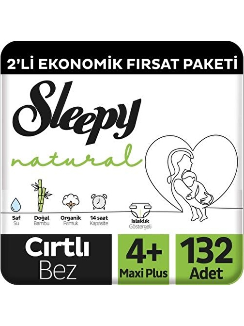 Sleepy Natural 2'li Ekonomik Fırsat Paketi Bebek Bezi 4+ Numara Maxi Plus 132 Adet