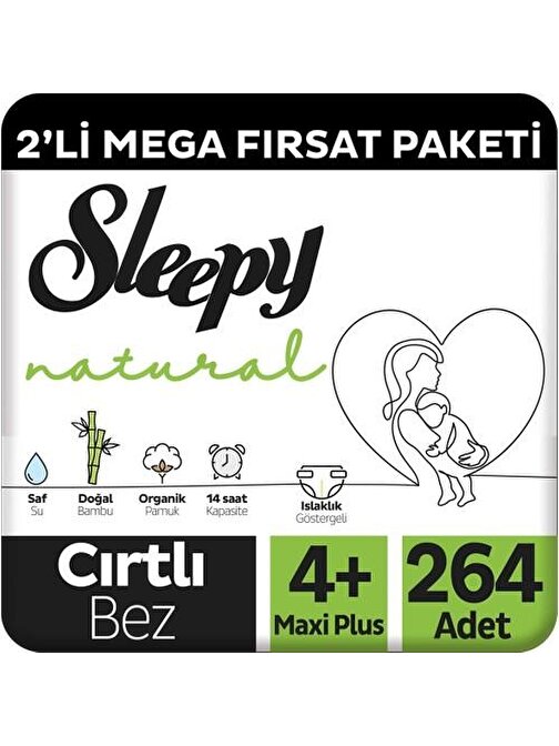Sleepy Natural 2'li Mega Fırsat Paketi Bebek Bezi 4+ Numara Maxi Plus 264 Adet