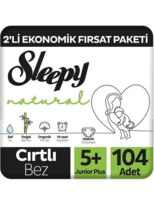 Sleepy Natural 2'li Ekonomik Fırsat Paketi Bebek Bezi 5+ Numara Junior Plus 104 Adet