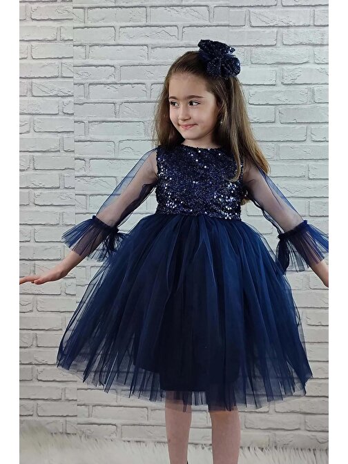 Bükreş Kol Fırfırlı Payetli Kız Çocuk Elbisesi - Payetli Kız Çocuk Abiye