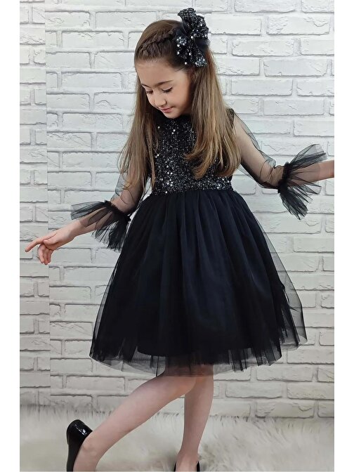 Bükreş Kol Fırfırlı Payetli Kız Çocuk Elbisesi - Payetli Kız Çocuk Abiye