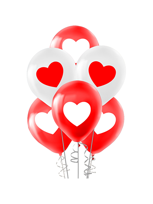 Pastel Balon Baskılı 100lü -Kırmızı Beyaz Kalp-