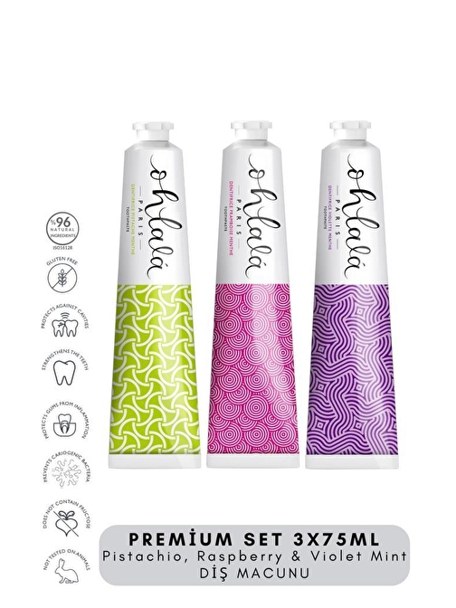 OHLALA Pistachio, Raspberry & Violet Mint Premium Set 3 x 75 ml Diş Macunu