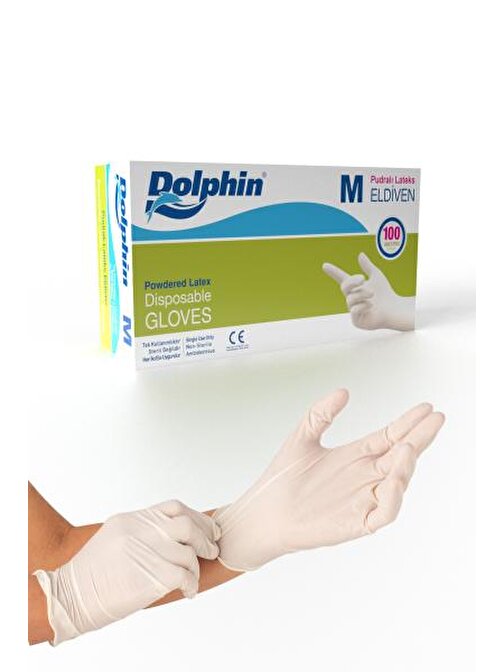 Dolphin Beyaz Lateks Eldiven Pudralı (M) 100lü Paket