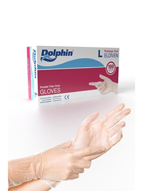 Dolphin Beyaz Vinil Eldiven Pudrasız (L) 100lü Paket