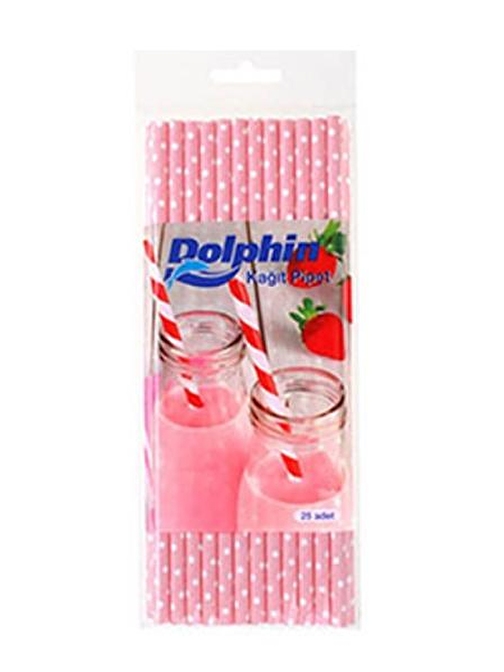 Dolphin Kağıt Pipet Beyaz Puantiyeli Pembe 20cm 25li