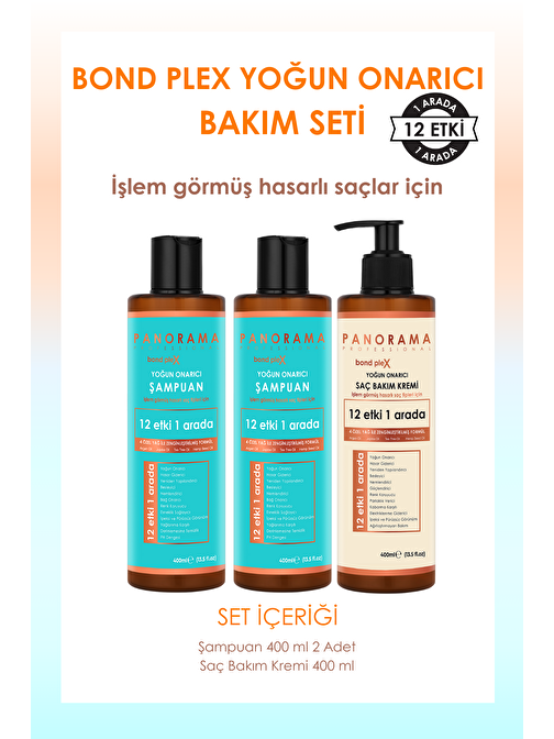 Panorama Professional Bond Plex Bakım Seti (Argan-Jojoba-Tee Tree-Hemp Seed) 12 Etki 1 Arada/400 ml x2 Şampuan + Saç Bakım Kremi