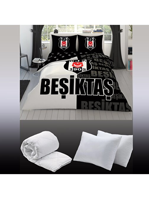 Beşiktaş Parçalı Logo Çift Kişilik 7 Parça Yatak Seti - Nevresim Takımı + Yorgan + 2'li Yastık