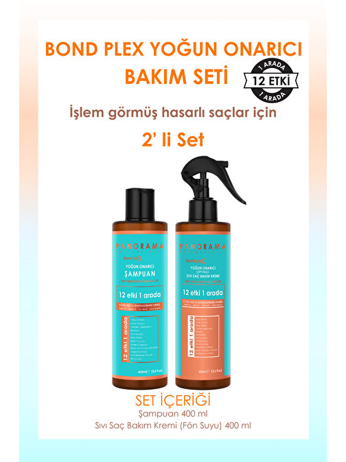 Panorama Professional Bond Plex Bakım Seti (Argan-Jojoba-Tee Tree-Hemp Seed) 12 Etki 1 Arada/400 ml Şampuan + 400 ml Sıvı Saç Bakım Kremi (Fön Suyu) 2'li Set