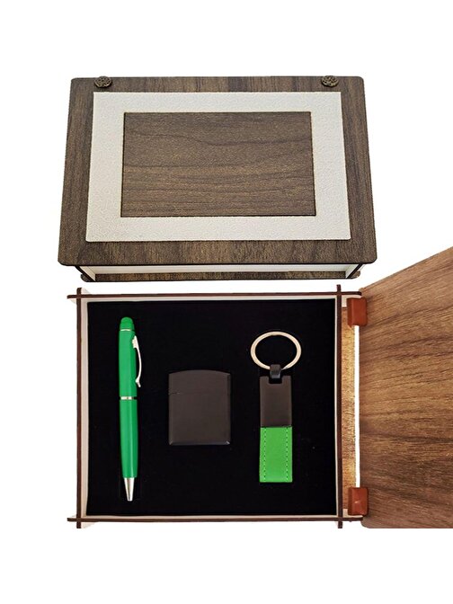 Özel Ahşap Kutulu Yeşil Anahtarlık Kalem ve Çakmak Set