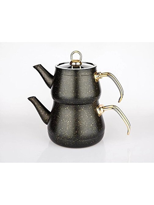 Metal Kulplu Cam Kapaklı Granit 3,5 L Çaydanlık Takımı Siyah