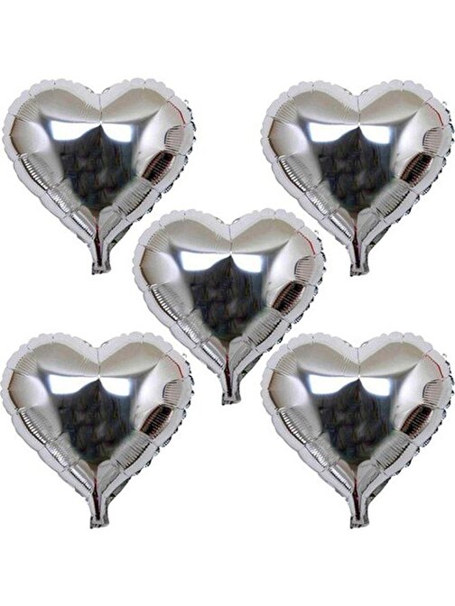 Kalp Şekilli Gümüş Renk Folyo Balon 45 cm 5 Adet