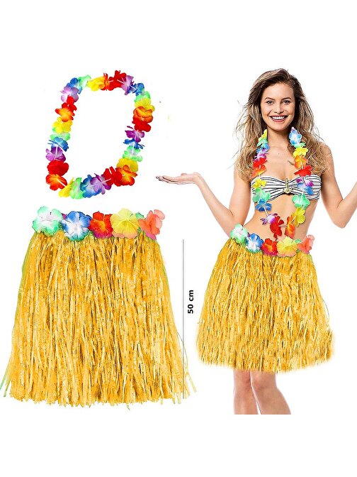 Hawaii Luau Aloha Sarı Püsküllü 50 cm Etek ve Hawaii Kolye Seti