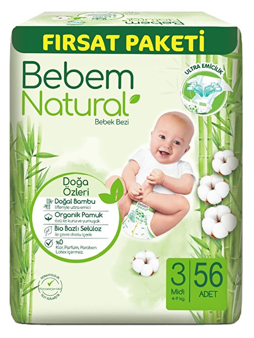 Bebem Natural Bebek Bezi Fırsat Paketi 3 Beden 4-9 Kg 56 Adet