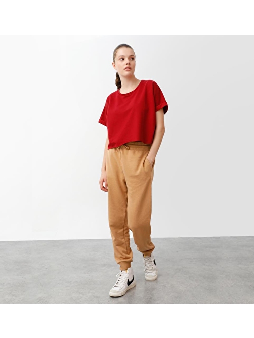 Nors Oversize Crop Kadın T-shirt Bordo