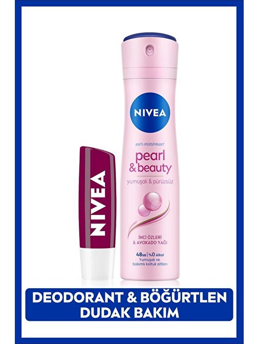 Kadın Sprey Deodorant Pearl&Beauty 150ml, 48 Saat Koruma ve Nemlendirici Böğürtlen Dudak Bakım Kremi