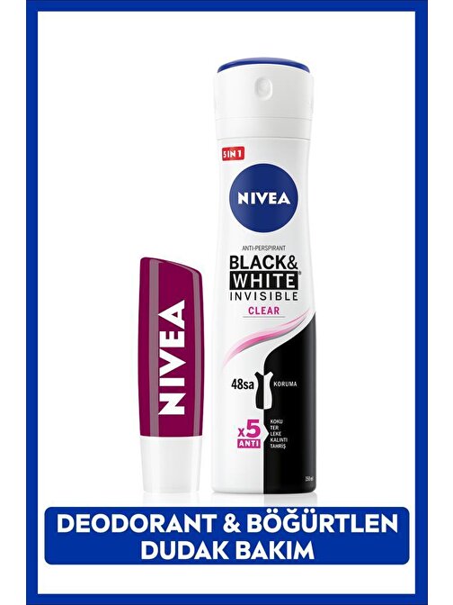 Kadın Sprey Deodorant Black&White Clear, 48 Saat Koruma ve Nemlendirici Böğürtlen Dudak Bakım Kremi