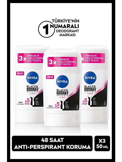 Kadın Stick Deodorant Black&White Clear 50ml, 48 Saat Koruma, X3 Adet