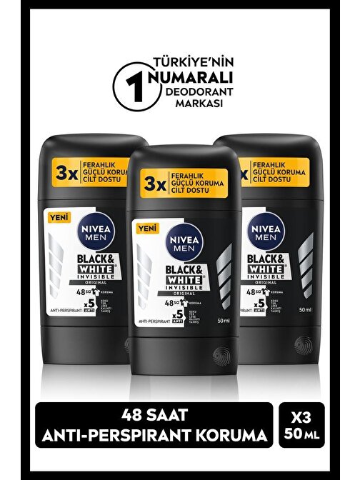 MEN Erkek Stick Deodorant Black&White Original 50ml, 48 Saat Koruma, X3 Adet