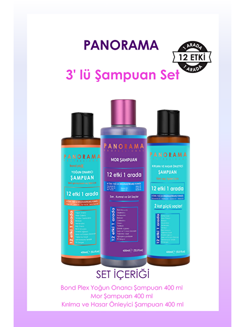 Panorama Professional Mor Şampuan /Kırılma ve Hasar Önleyici Şampuan/ Bond Plex Şampuan 3'lü Şampuan Seti / 12 Etki 1 Arada  400 ml x3