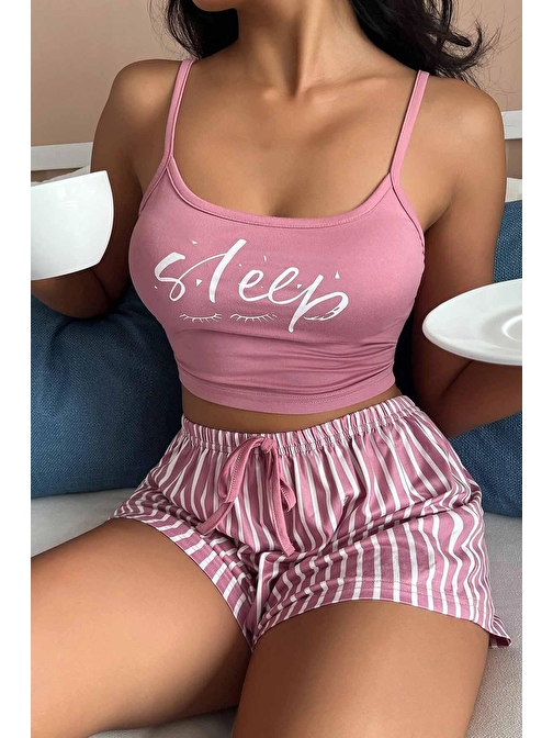 Merry See Askılı Sleep Basklı Sortlu Pijama Takımı