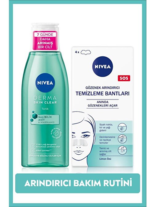 Derma Skin Clear Sivilce Karşıtı Arındırıcı Tonik 200ml ve T-Bölgesi & Siyah Nokta Temizleyici Bant